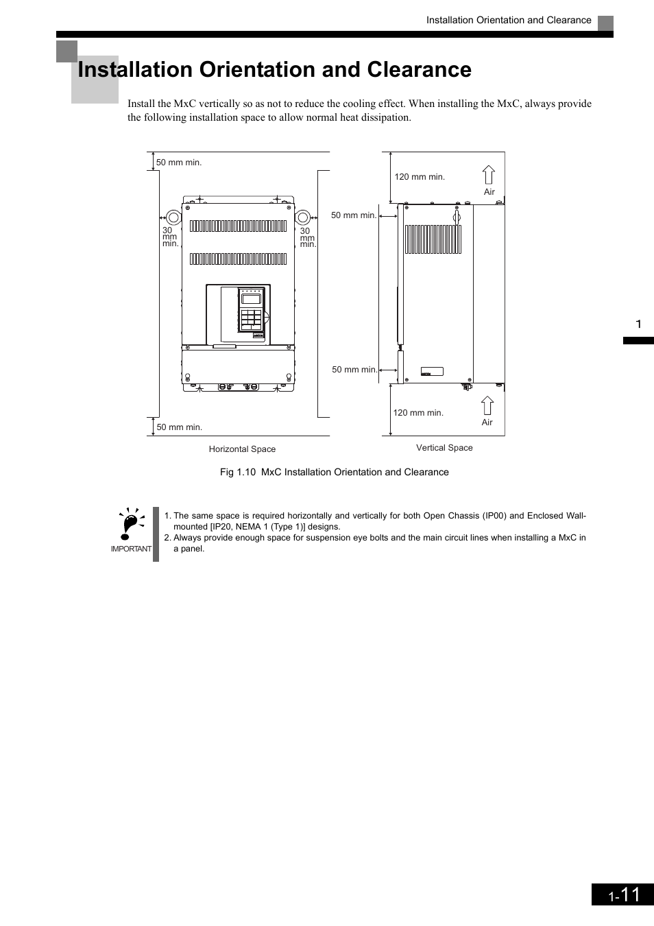 Installation orientation and clearance | Yaskawa Matrix Converter User Manual | Page 30 / 398