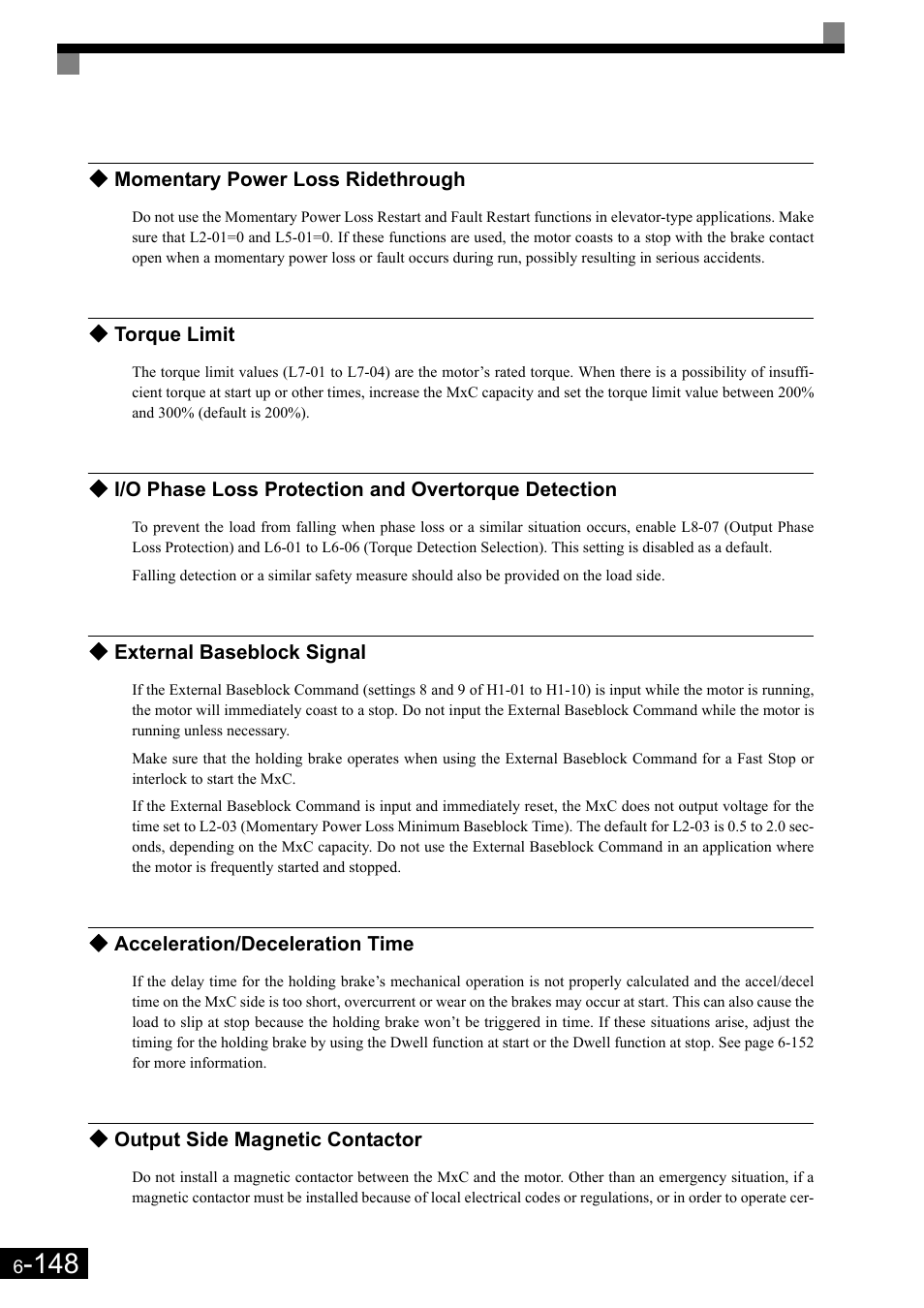 Momentary power loss ridethrough, Torque limit, I/o phase loss protection and overtorque detection | External baseblock signal, Acceleration/deceleration time, Output side magnetic contactor | Yaskawa Matrix Converter User Manual | Page 313 / 398