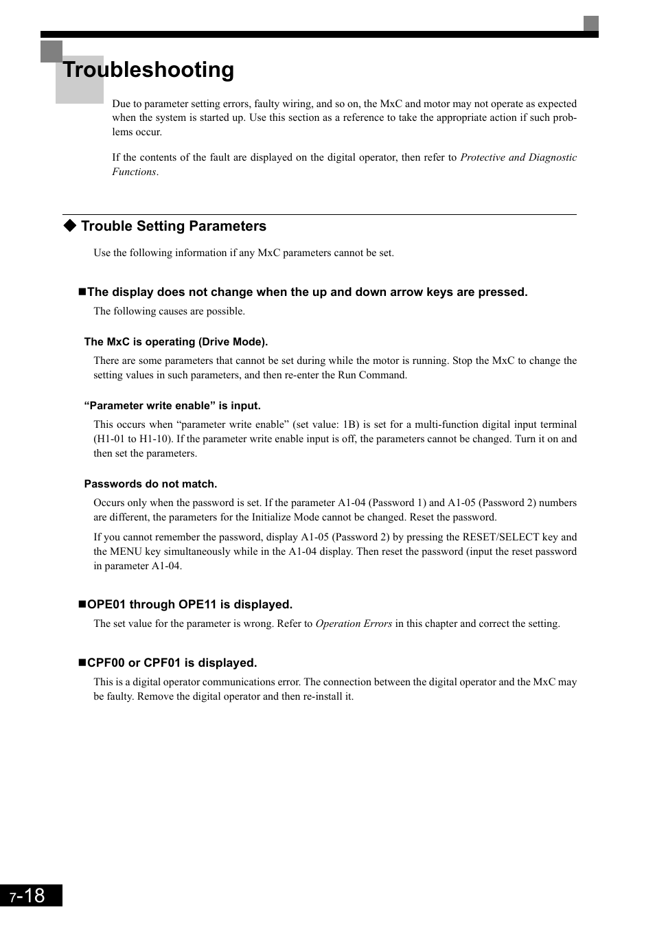 Troubleshooting, Trouble setting parameters | Yaskawa Matrix Converter User Manual | Page 339 / 398