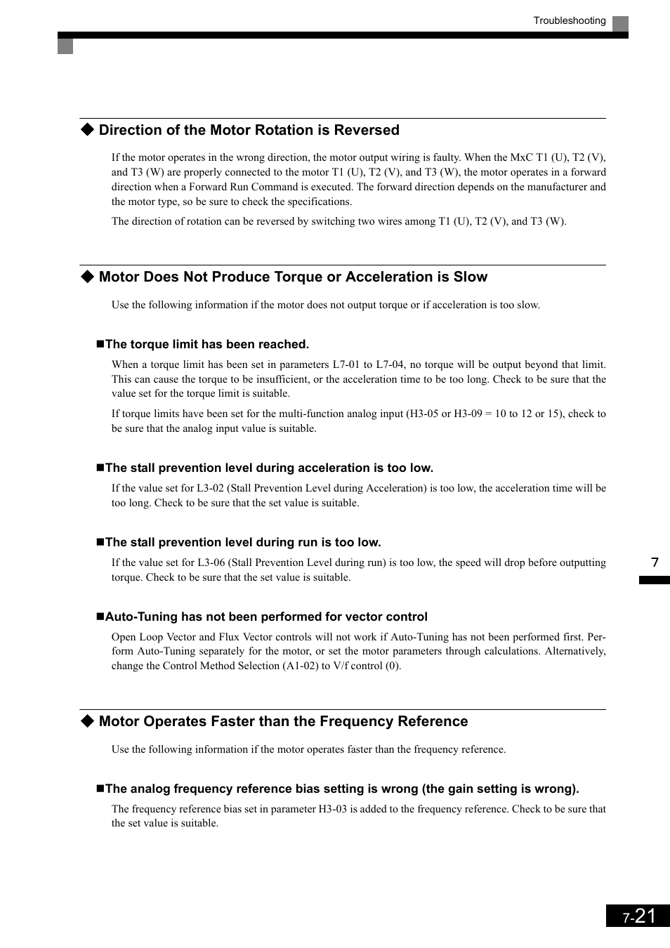 Direction of the motor rotation is reversed, Motor operates faster than the frequency reference | Yaskawa Matrix Converter User Manual | Page 342 / 398