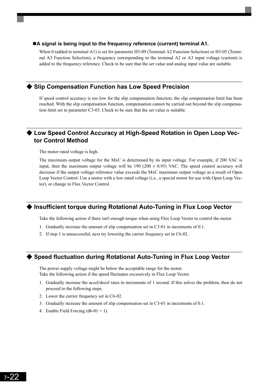 Slip compensation function has low speed precision | Yaskawa Matrix Converter User Manual | Page 343 / 398