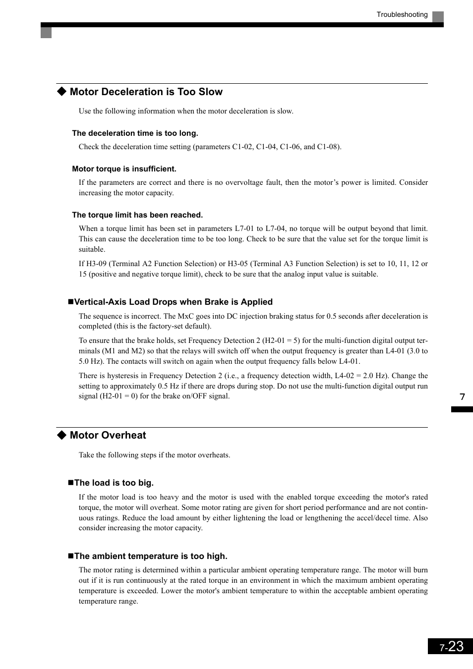 Motor deceleration is too slow, Motor overheat | Yaskawa Matrix Converter User Manual | Page 344 / 398