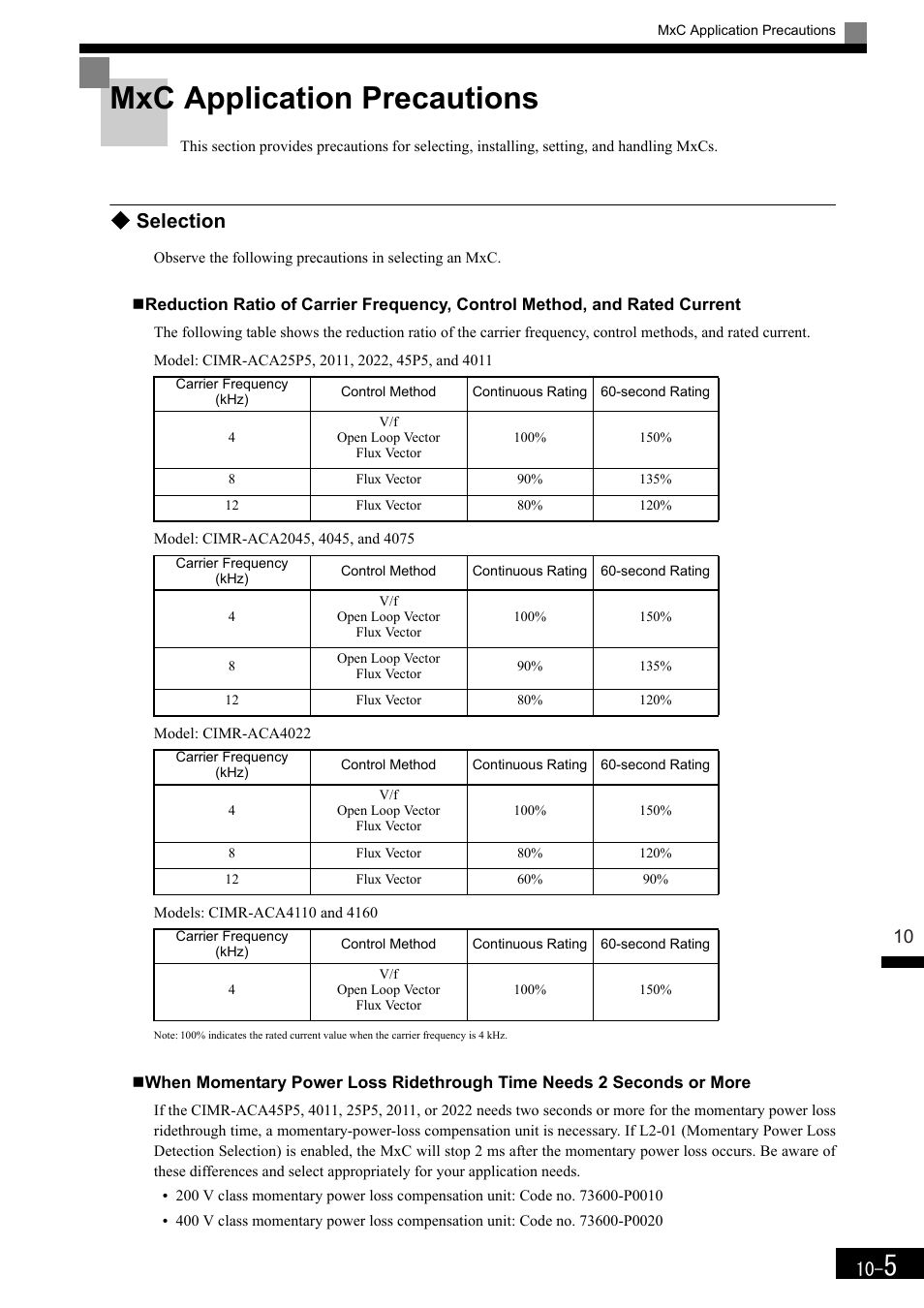 Mxc application precautions, Selection | Yaskawa Matrix Converter User Manual | Page 375 / 398