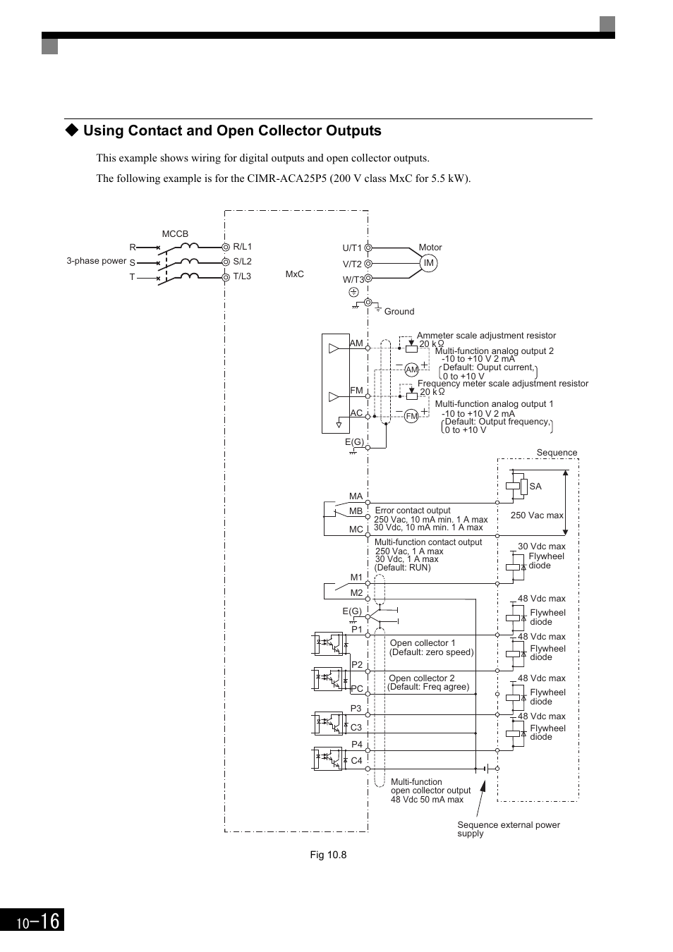 Using contact and open collector outputs | Yaskawa Matrix Converter User Manual | Page 386 / 398