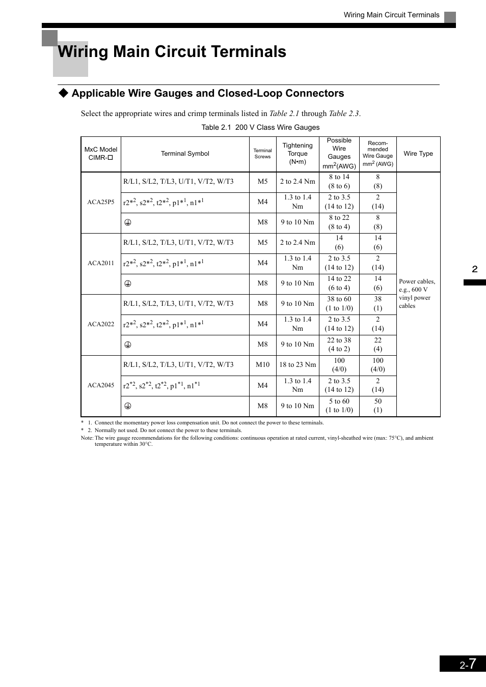Wiring main circuit terminals, Applicable wire gauges and closed-loop connectors | Yaskawa Matrix Converter User Manual | Page 41 / 398