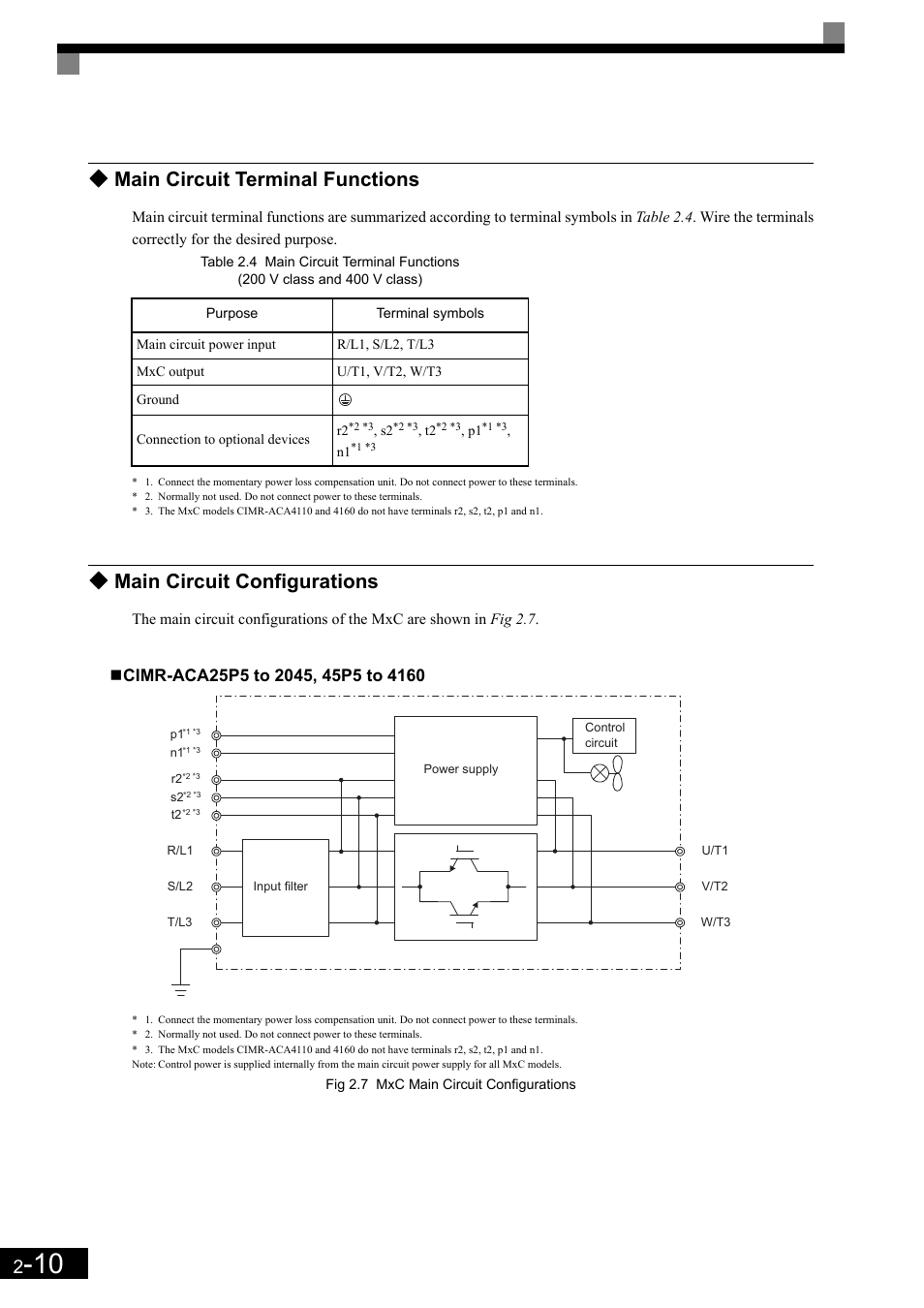 Main circuit terminal functions, Main circuit configurations | Yaskawa Matrix Converter User Manual | Page 44 / 398