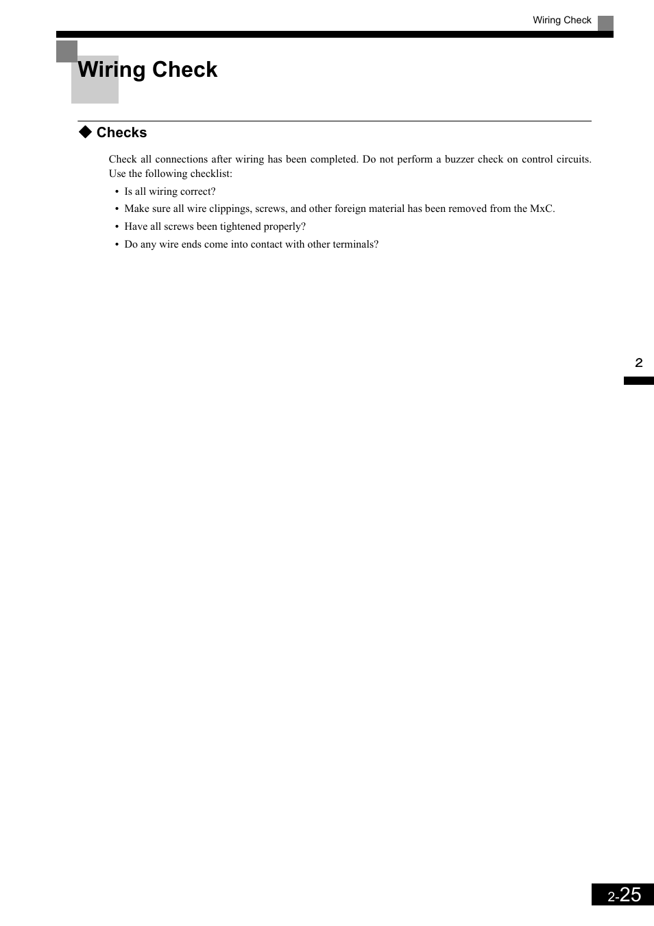 Wiring check, Checks | Yaskawa Matrix Converter User Manual | Page 59 / 398