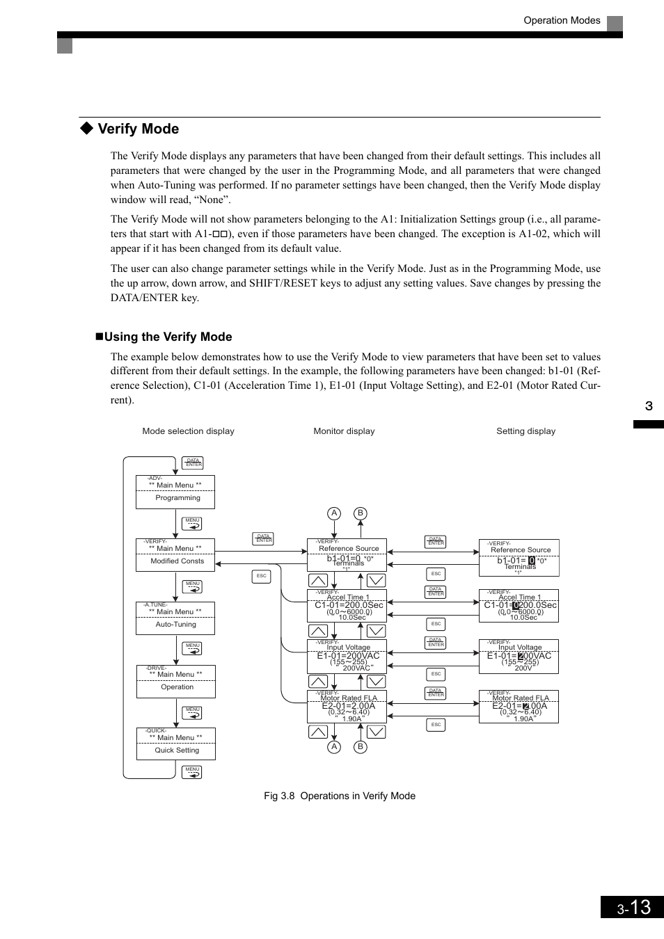 Verify mode, Using the verify mode, Operation modes | Fig 3.8 operations in verify mode | Yaskawa Matrix Converter User Manual | Page 81 / 398