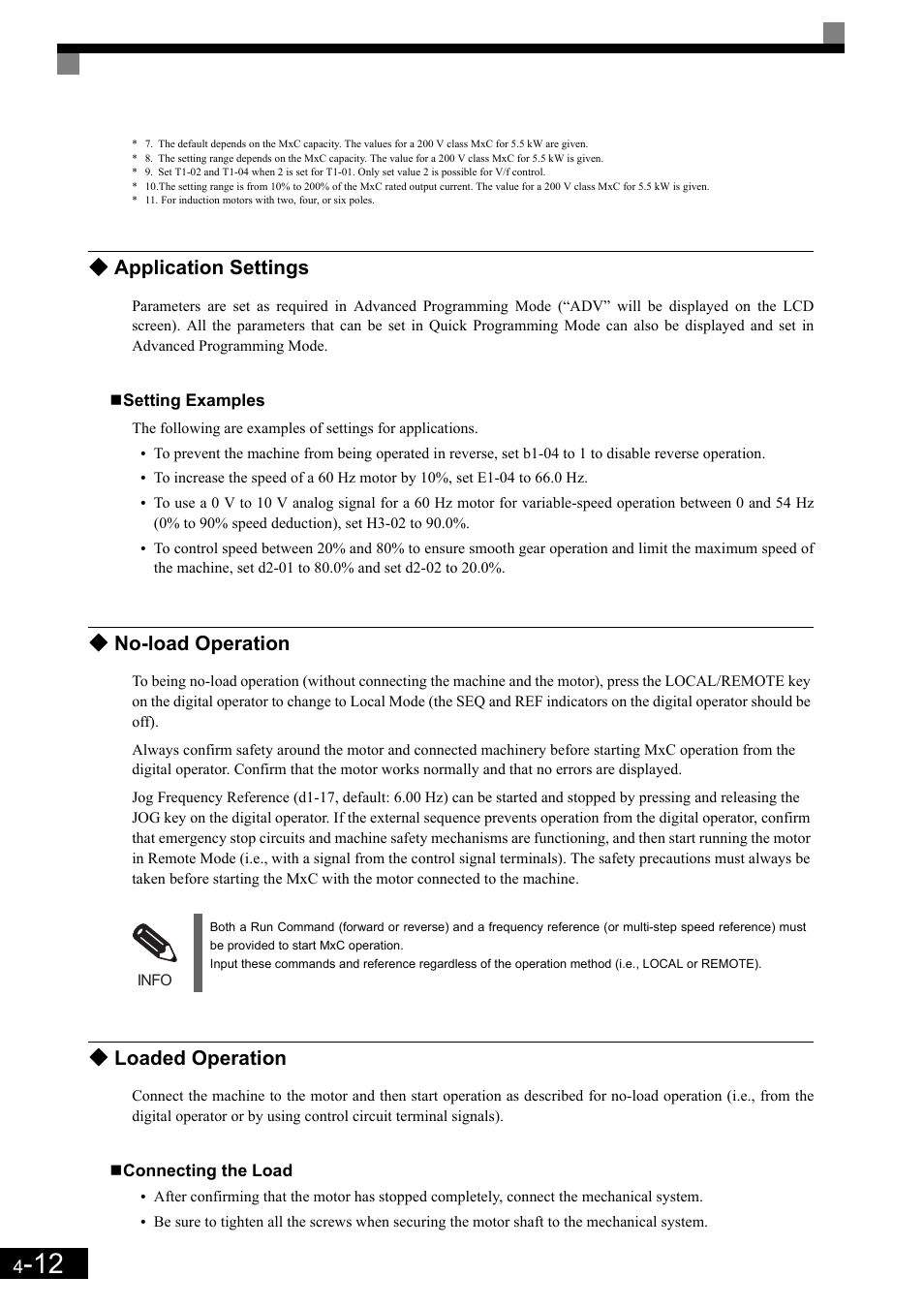 Application settings, No-load operation, Loaded operation | Yaskawa Matrix Converter User Manual | Page 95 / 398