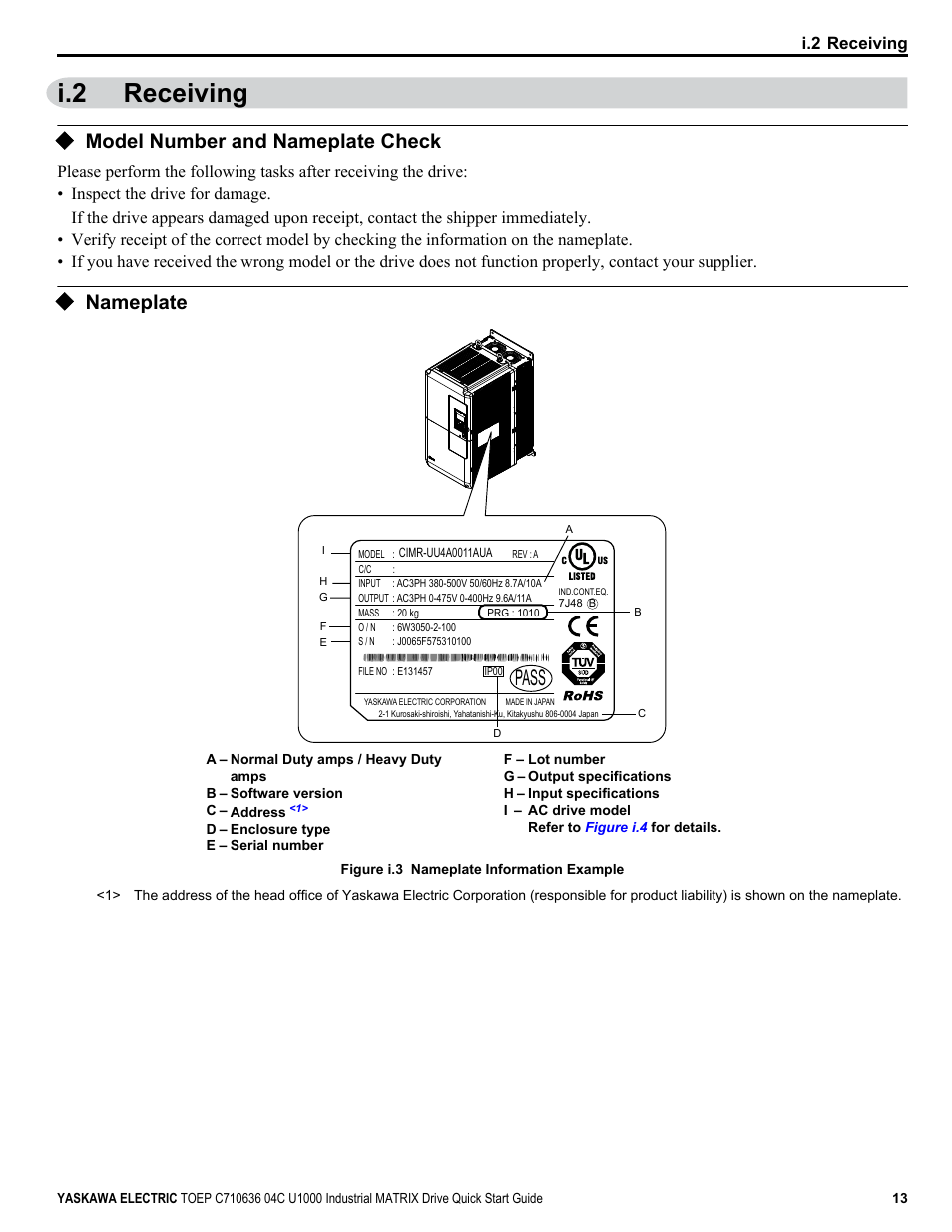 Receiving, Model number and nameplate check, Nameplate | I.2 receiving, Pass | Yaskawa U1000 Industrial MATRIX Drive User Manual | Page 13 / 94