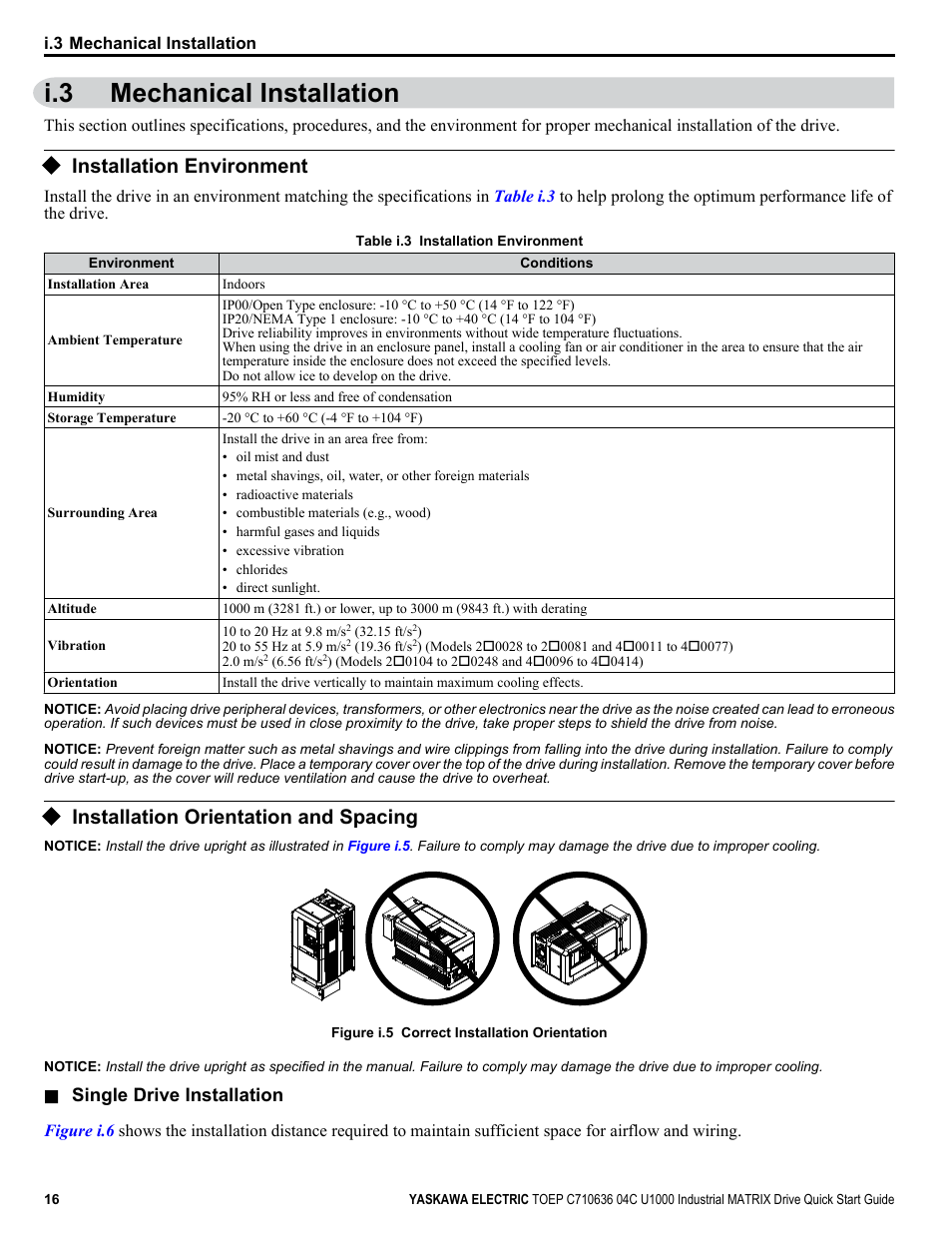 Mechanical installation, Installation environment, Installation orientation and spacing | I.3 mechanical installation | Yaskawa U1000 Industrial MATRIX Drive User Manual | Page 16 / 94