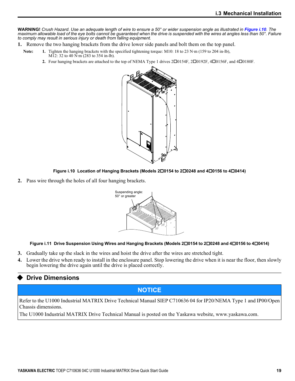 Drive dimensions, Drive dimensions notice | Yaskawa U1000 Industrial MATRIX Drive User Manual | Page 19 / 94