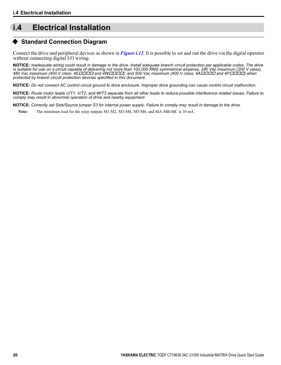 Electrical installation, Standard connection diagram, I.4 electrical installation | Yaskawa U1000 Industrial MATRIX Drive User Manual | Page 20 / 94