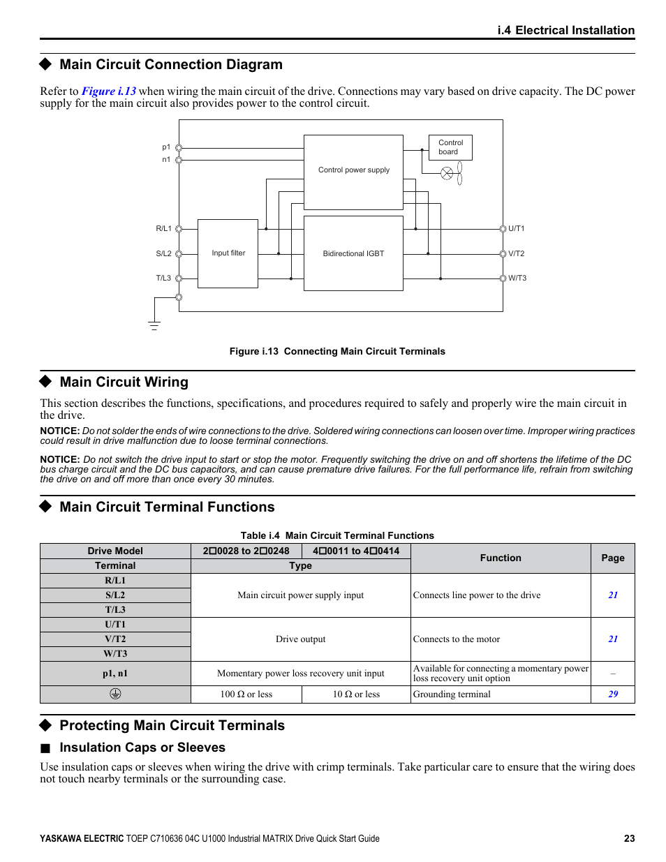 Main circuit connection diagram, Main circuit wiring, Main circuit terminal functions | Protecting main circuit terminals | Yaskawa U1000 Industrial MATRIX Drive User Manual | Page 23 / 94