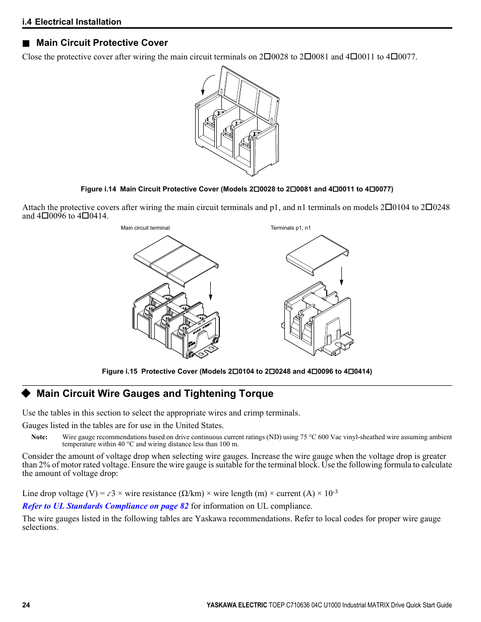 Main circuit wire gauges and tightening torque | Yaskawa U1000 Industrial MATRIX Drive User Manual | Page 24 / 94