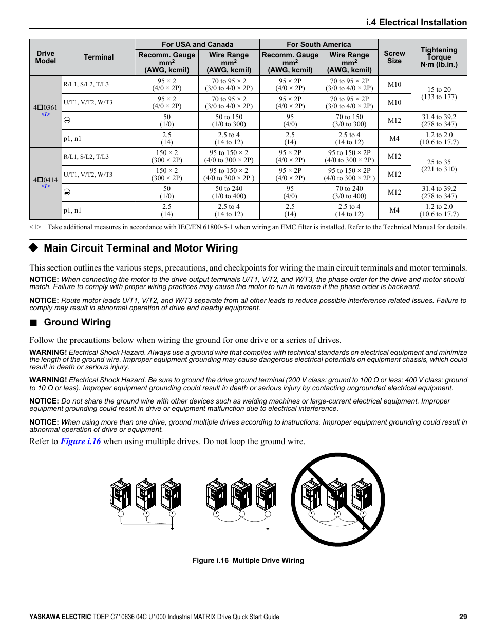 Main circuit terminal and motor wiring, Ground wiring | Yaskawa U1000 Industrial MATRIX Drive User Manual | Page 29 / 94