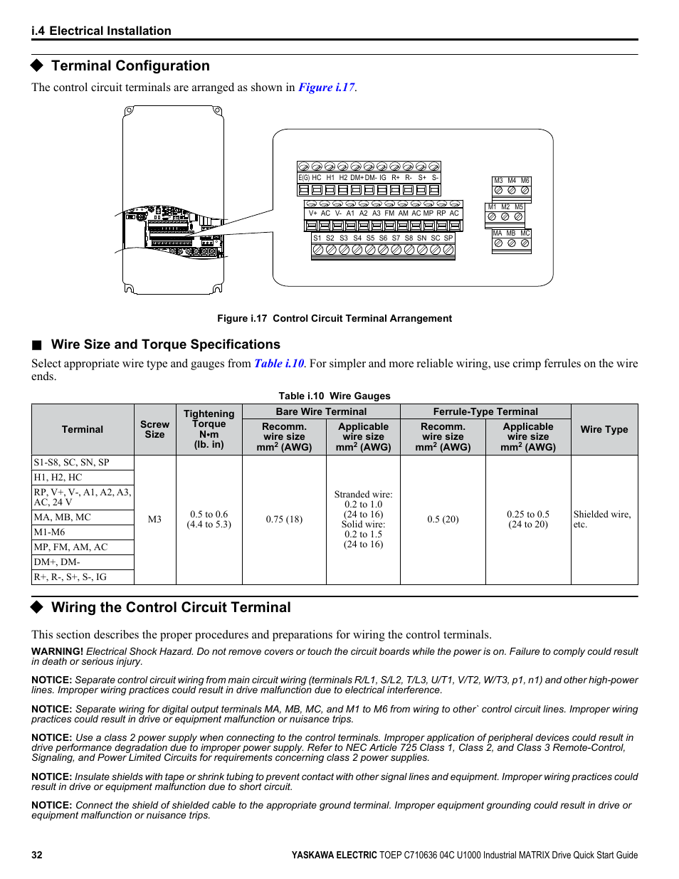 Terminal configuration, Wiring the control circuit terminal, Wire size and torque specifications | Yaskawa U1000 Industrial MATRIX Drive User Manual | Page 32 / 94