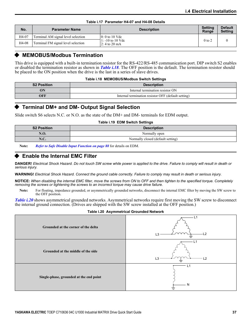 Memobus/modbus termination, Terminal dm+ and dm- output signal selection, Enable the internal emc filter | Yaskawa U1000 Industrial MATRIX Drive User Manual | Page 37 / 94