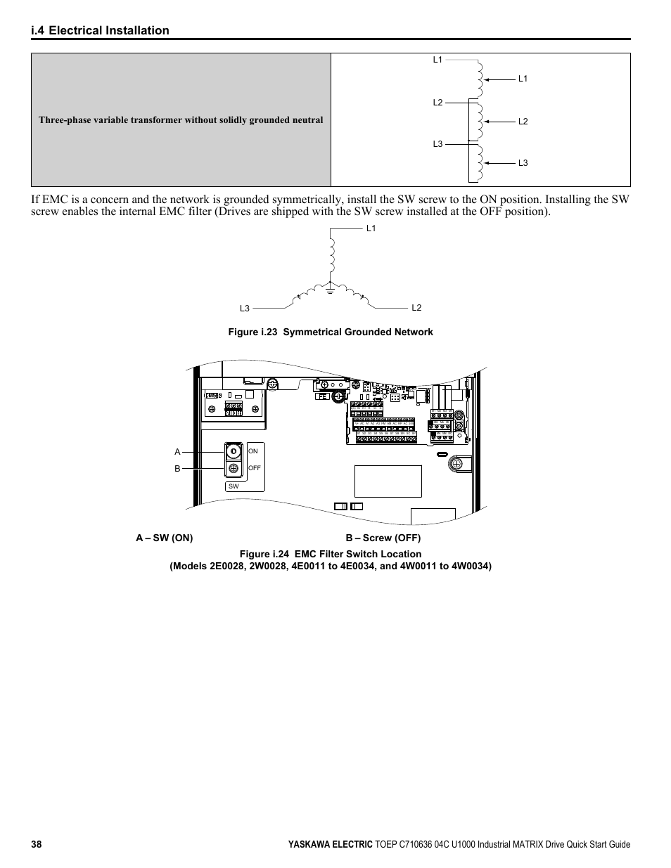 I.4 electrical installation | Yaskawa U1000 Industrial MATRIX Drive User Manual | Page 38 / 94