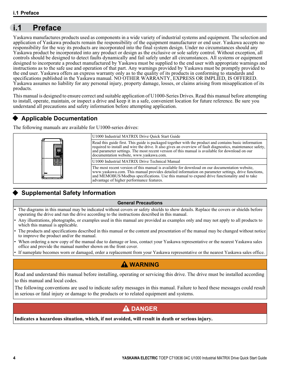 Preface, Applicable documentation, Supplemental safety information | I.1 preface | Yaskawa U1000 Industrial MATRIX Drive User Manual | Page 4 / 94
