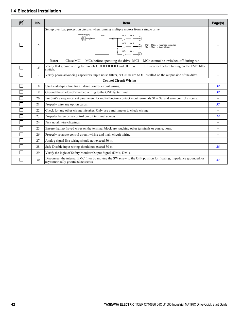 I.4 electrical installation | Yaskawa U1000 Industrial MATRIX Drive User Manual | Page 42 / 94