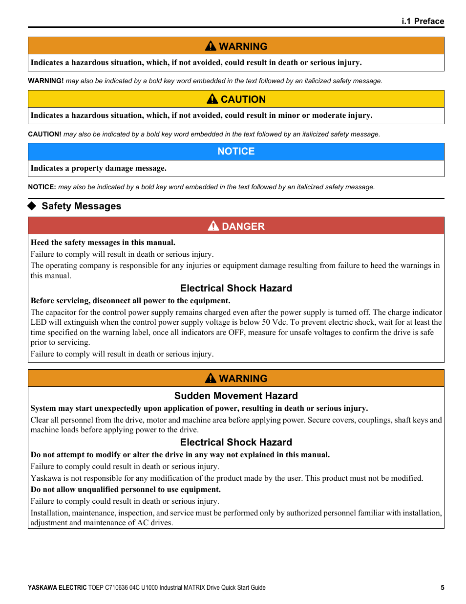 Safety messages | Yaskawa U1000 Industrial MATRIX Drive User Manual | Page 5 / 94