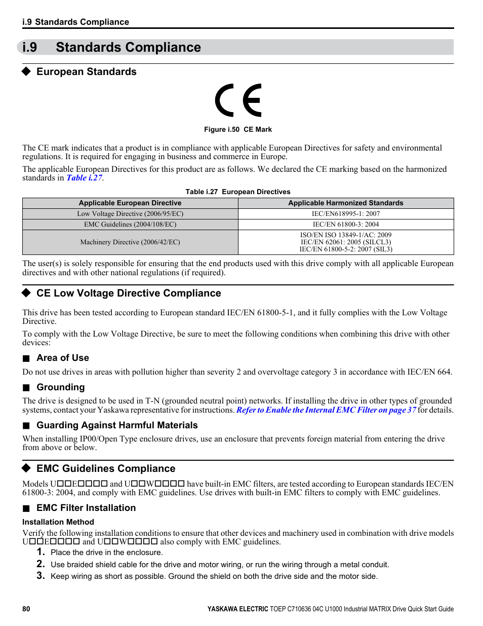 Standards compliance, European standards, Ce low voltage directive compliance | Emc guidelines compliance, I.9 standards compliance | Yaskawa U1000 Industrial MATRIX Drive User Manual | Page 80 / 94