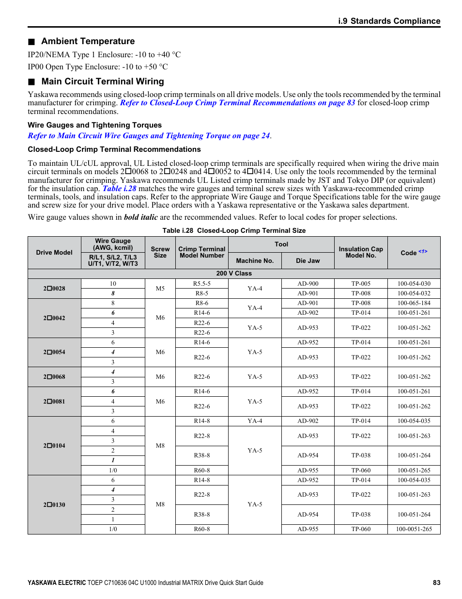 Ambient temperature, Main circuit terminal wiring | Yaskawa U1000 Industrial MATRIX Drive User Manual | Page 83 / 94