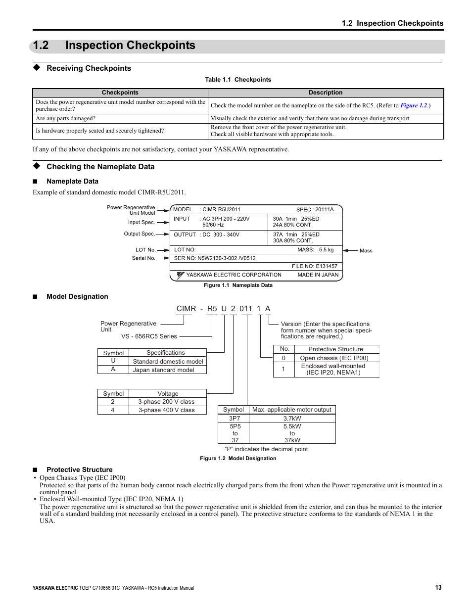 2 inspection checkpoints, Receiving checkpoints, Checking the nameplate data | Receiving checkpoints checking the nameplate data | Yaskawa RC5 Converter User Manual | Page 13 / 69