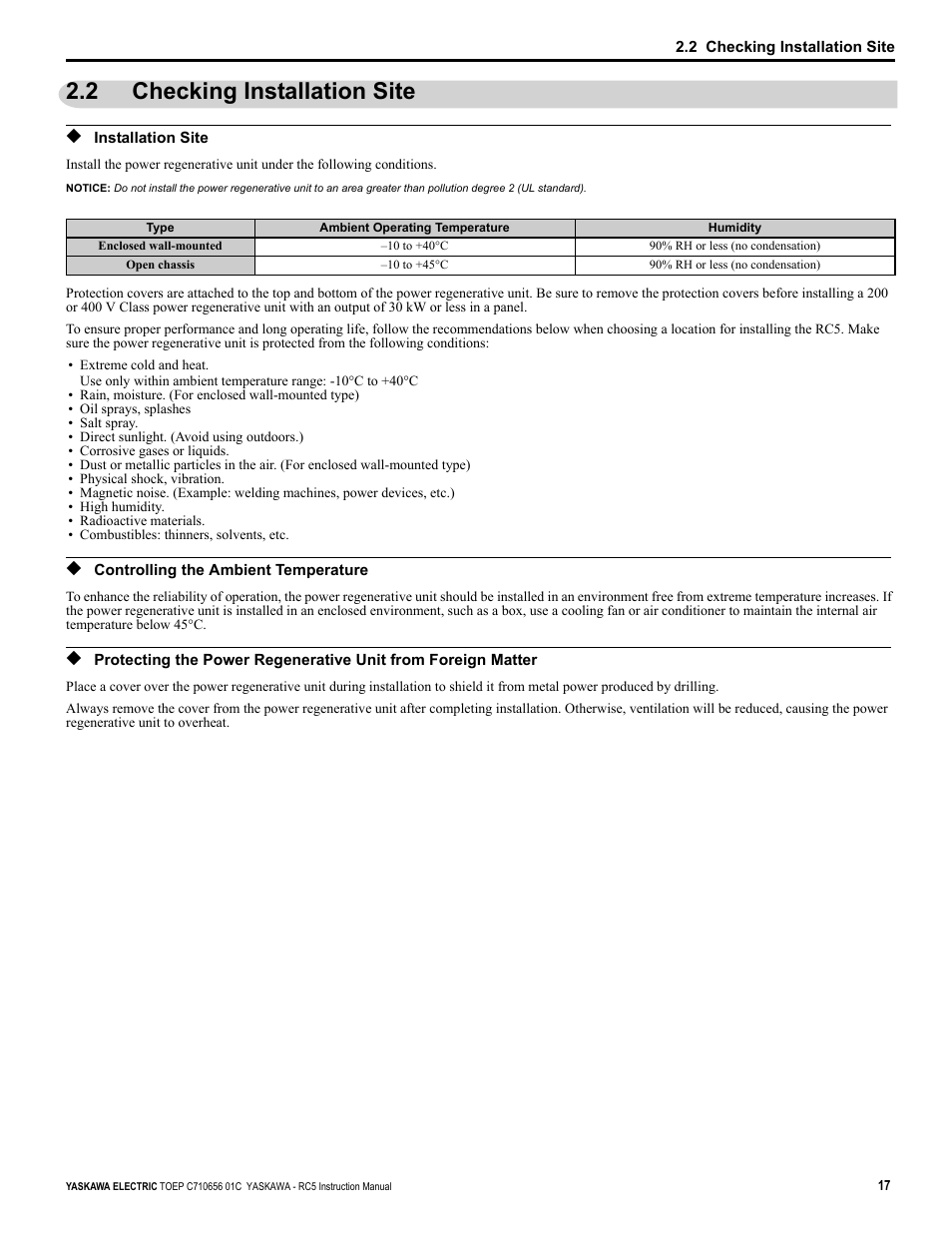 2 checking installation site, Installation site, Controlling the ambient temperature | Yaskawa RC5 Converter User Manual | Page 17 / 69