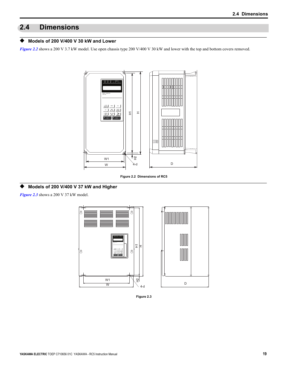 4 dimensions, Models of 200 v/400 v 30 kw and lower, Models of 200 v/400 v 37 kw and higher | Yaskawa RC5 Converter User Manual | Page 19 / 69