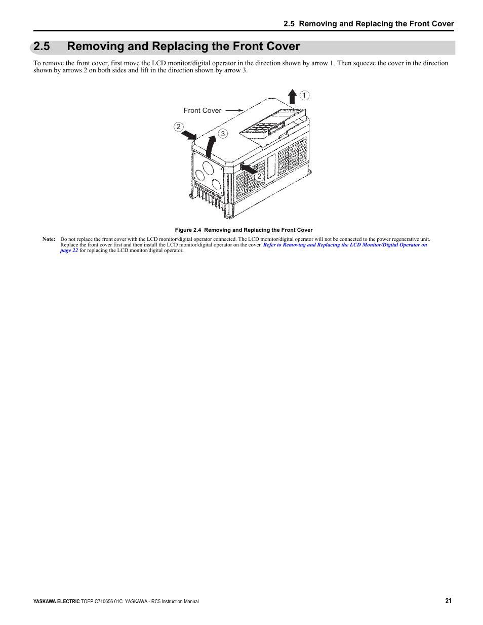 5 removing and replacing the front cover | Yaskawa RC5 Converter User Manual | Page 21 / 69