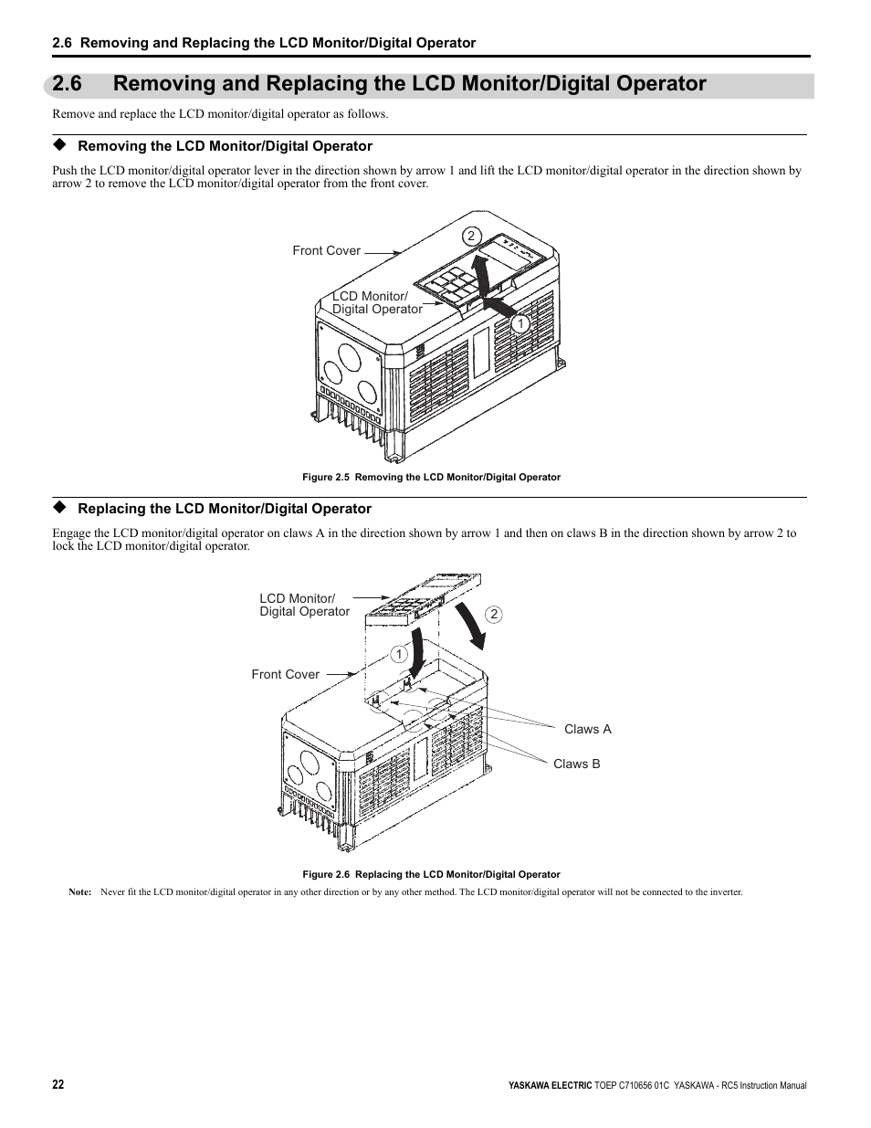 Removing the lcd monitor/digital operator, Replacing the lcd monitor/digital operator | Yaskawa RC5 Converter User Manual | Page 22 / 69
