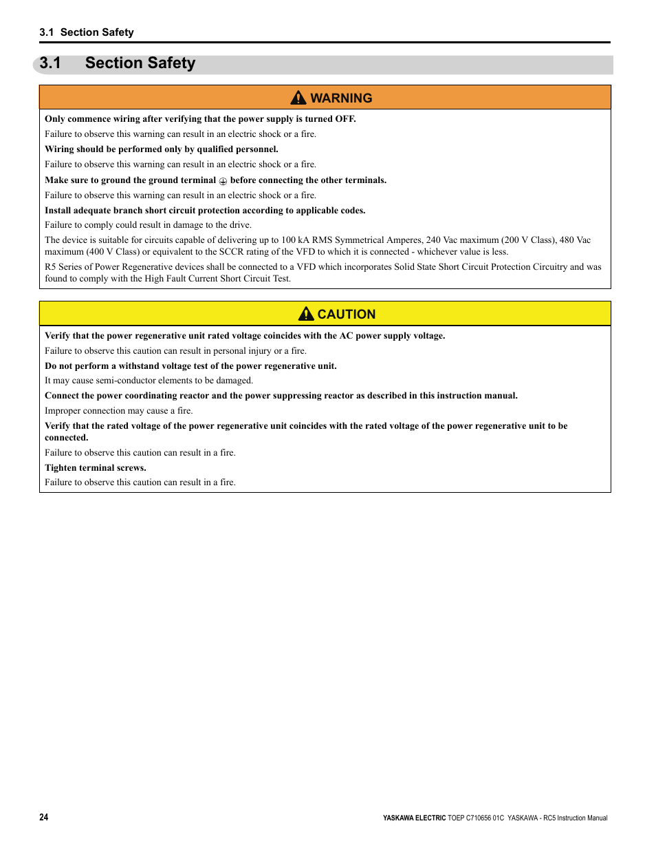 1 section safety | Yaskawa RC5 Converter User Manual | Page 24 / 69