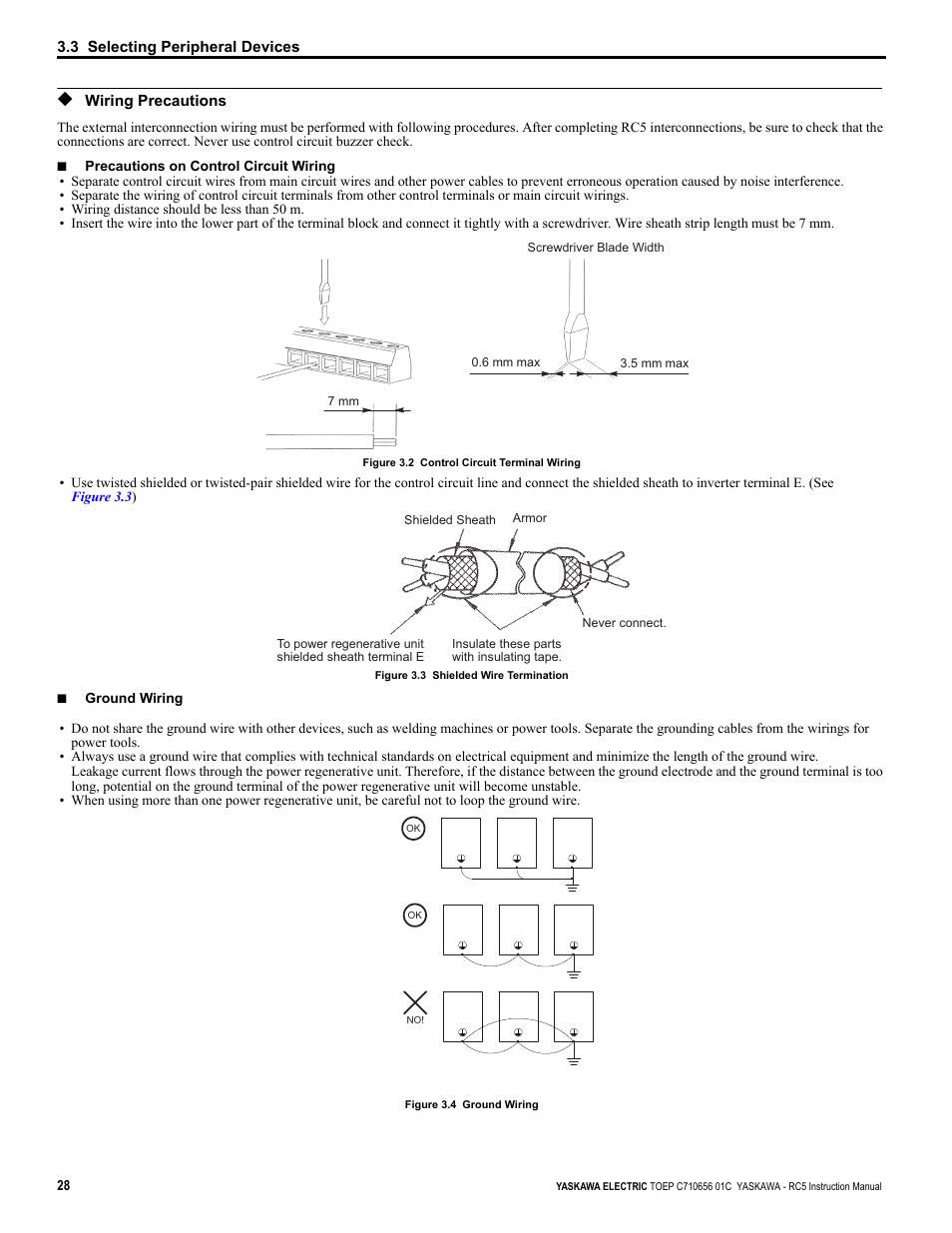 Wiring precautions | Yaskawa RC5 Converter User Manual | Page 28 / 69