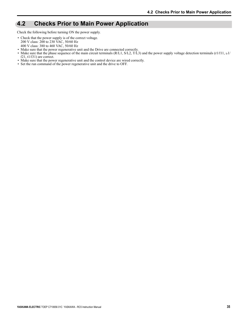 2 checks prior to main power application | Yaskawa RC5 Converter User Manual | Page 35 / 69