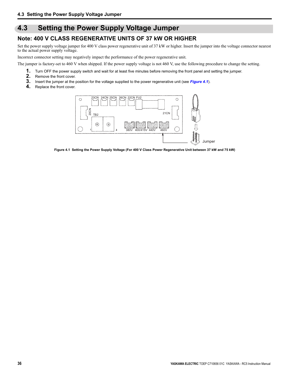 3 setting the power supply voltage jumper | Yaskawa RC5 Converter User Manual | Page 36 / 69