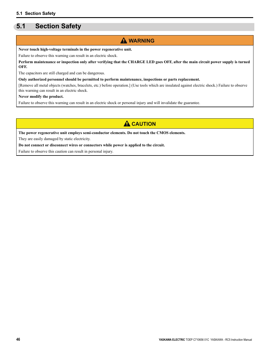 1 section safety | Yaskawa RC5 Converter User Manual | Page 46 / 69