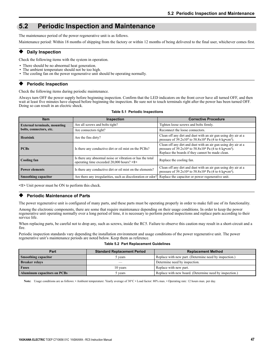 2 periodic inspection and maintenance, Daily inspection, Periodic inspection | Periodic maintenance of parts | Yaskawa RC5 Converter User Manual | Page 47 / 69
