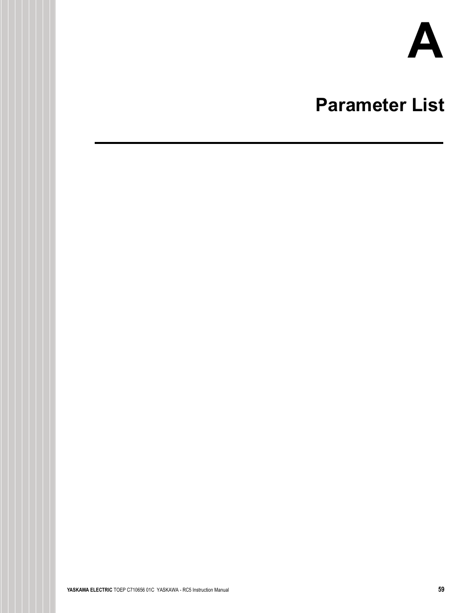 Parameter list | Yaskawa RC5 Converter User Manual | Page 59 / 69
