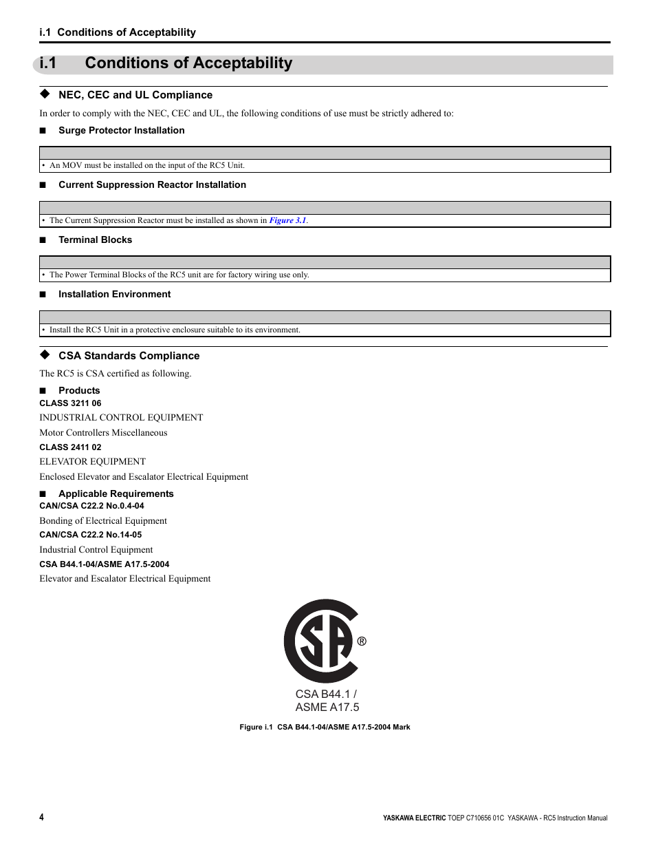 I.1 conditions of acceptability, Nec, cec and ul compliance, Csa standards compliance | Yaskawa RC5 Converter User Manual | Page 6 / 69
