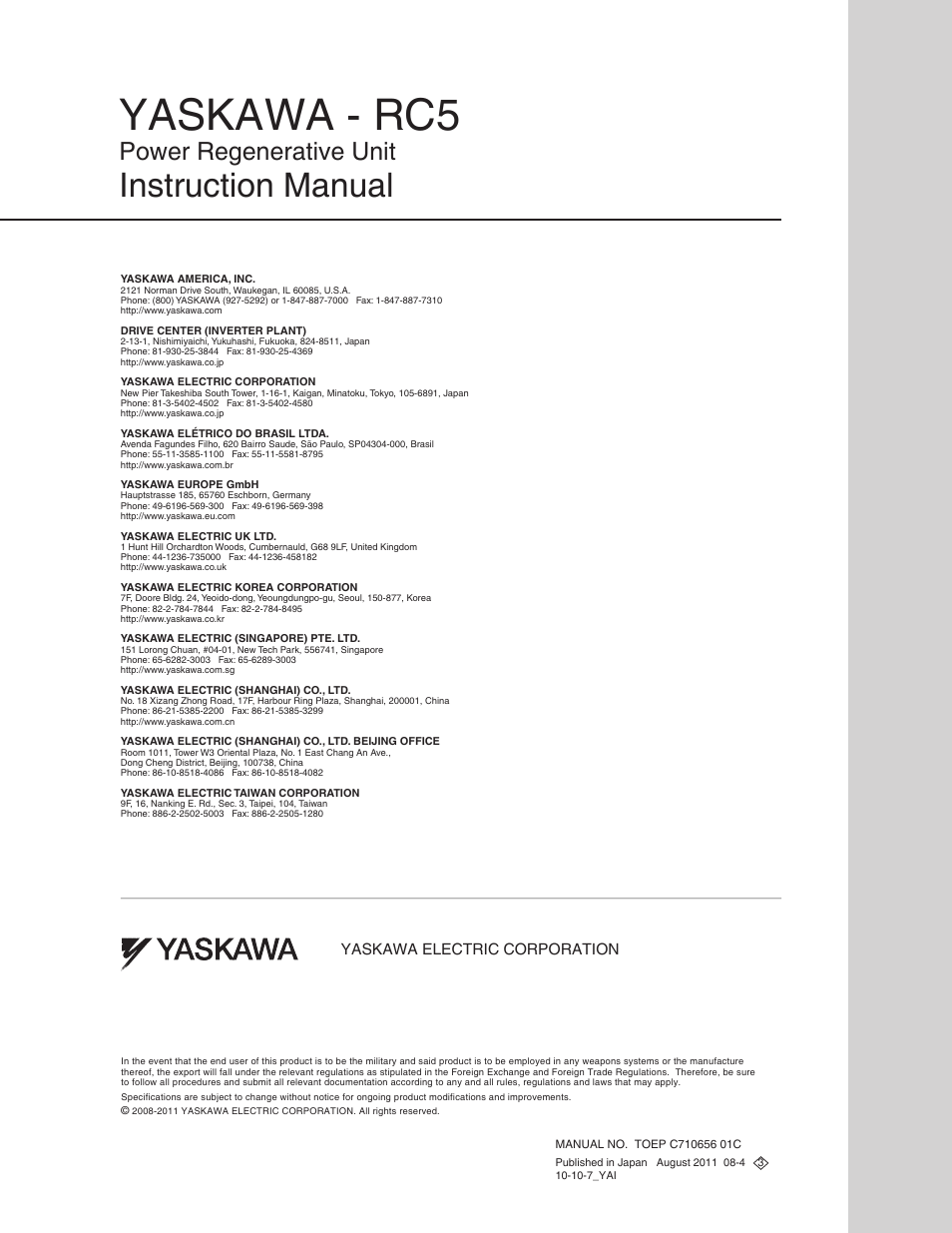 Yaskawa - rc5, Instruction manual, Power regenerative unit | Yaskawa RC5 Converter User Manual | Page 69 / 69