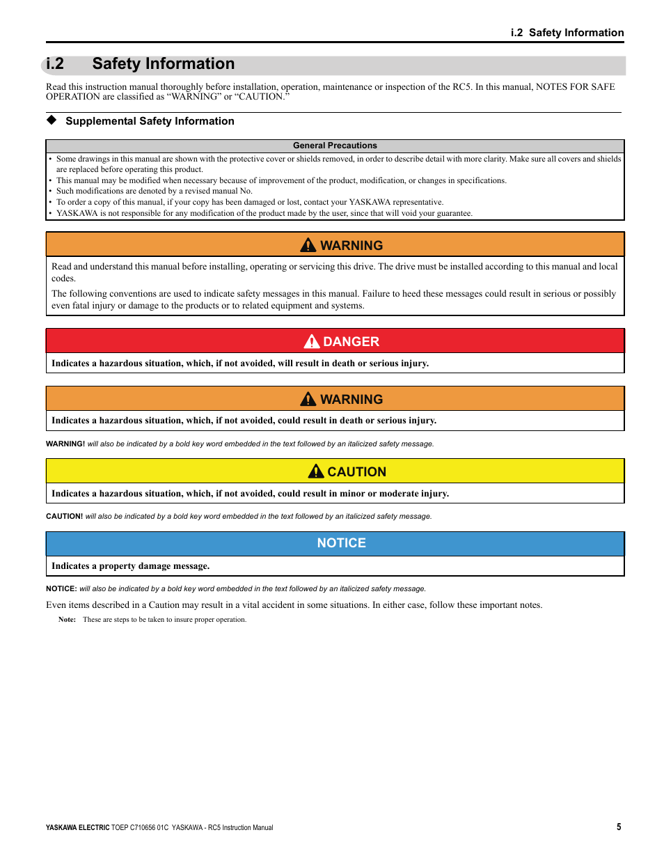 I.2 safety information, Supplemental safety information, W arning | Danger, Caution, Notice | Yaskawa RC5 Converter User Manual | Page 7 / 69