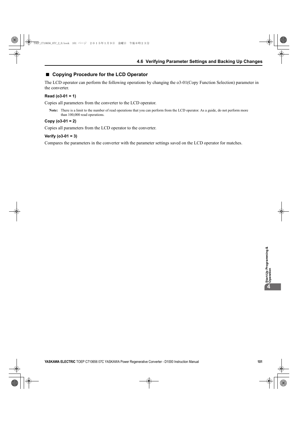 Copying procedure for the lcd operator | Yaskawa D1000 Series Power Regenerative Converter User Manual | Page 101 / 259