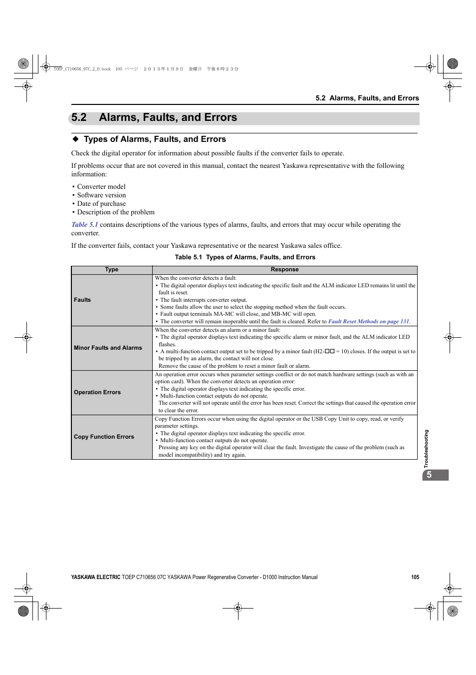 2 alarms, faults, and errors, Types of alarms, faults, and errors, Alarms, faults, and errors | Yaskawa D1000 Series Power Regenerative Converter User Manual | Page 105 / 259