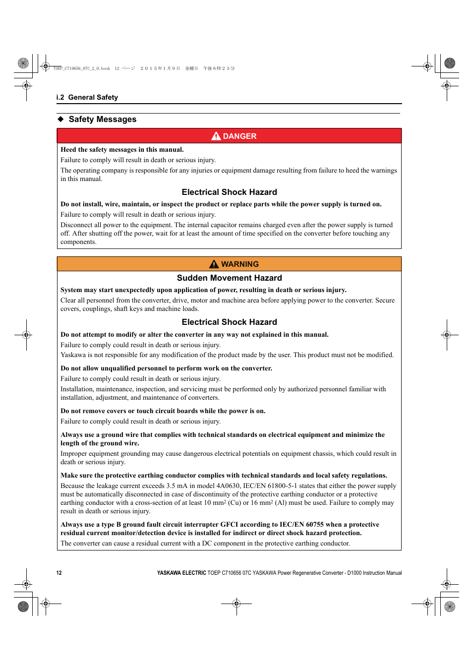 Safety messages | Yaskawa D1000 Series Power Regenerative Converter User Manual | Page 12 / 259