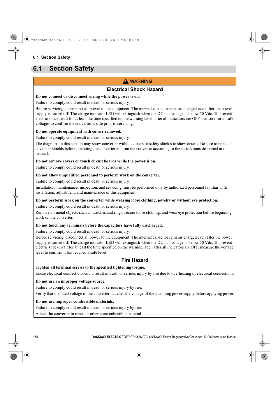 1 section safety, Section safety | Yaskawa D1000 Series Power Regenerative Converter User Manual | Page 134 / 259