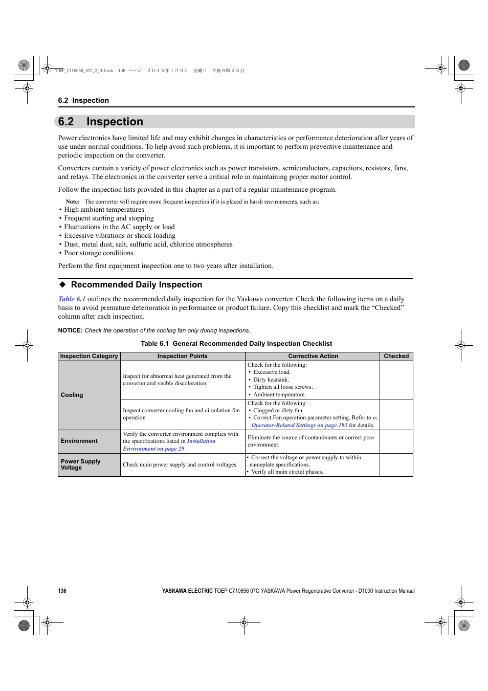2 inspection, Recommended daily inspection, Inspection | Yaskawa D1000 Series Power Regenerative Converter User Manual | Page 136 / 259