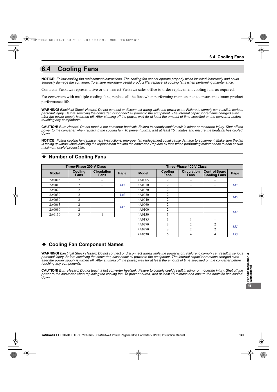 4 cooling fans, Number of cooling fans, Cooling fan component names | Number of cooling fans cooling fan component names, For details, Cooling fans | Yaskawa D1000 Series Power Regenerative Converter User Manual | Page 141 / 259