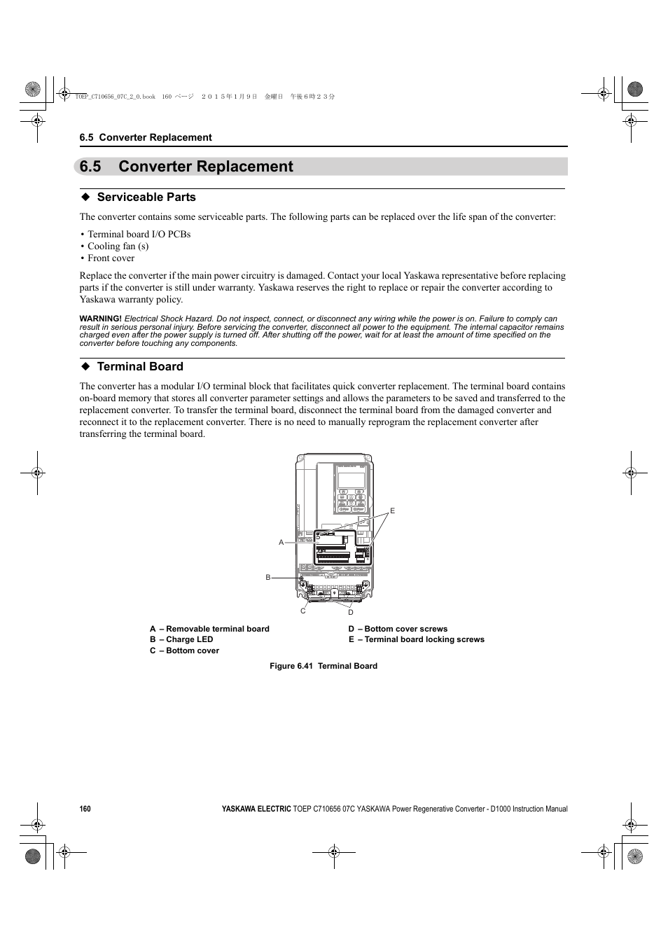 5 converter replacement, Serviceable parts, Terminal board | Serviceable parts terminal board, Converter replacement | Yaskawa D1000 Series Power Regenerative Converter User Manual | Page 160 / 259